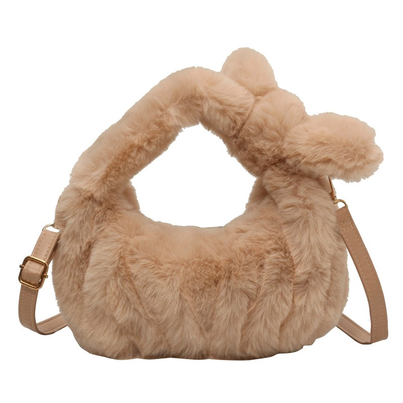 Women's Small Plush Solid Color Elegant Bucket Zipper Shoulder Bag Handbag Crossbody Bag
