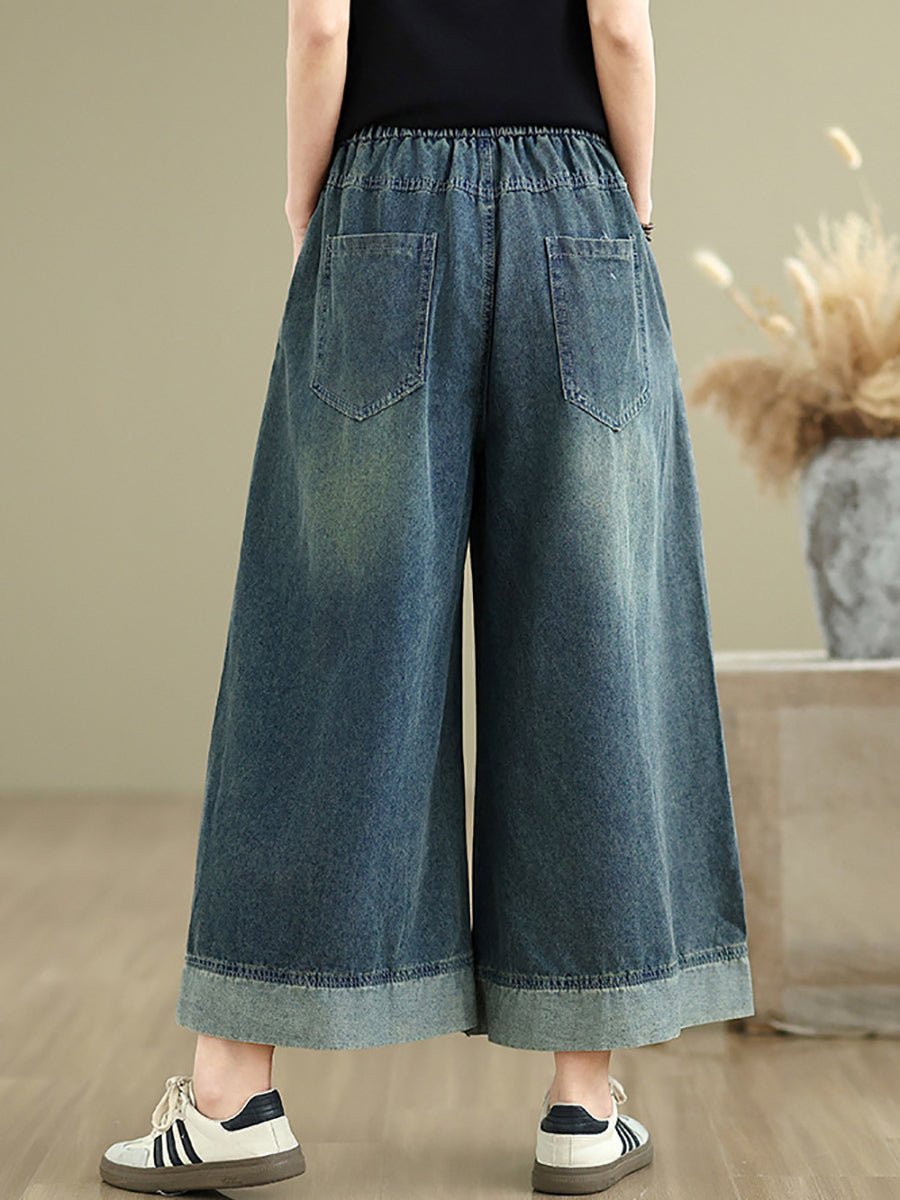 Women Summer Retro Spliced Denim Wide-leg Pants