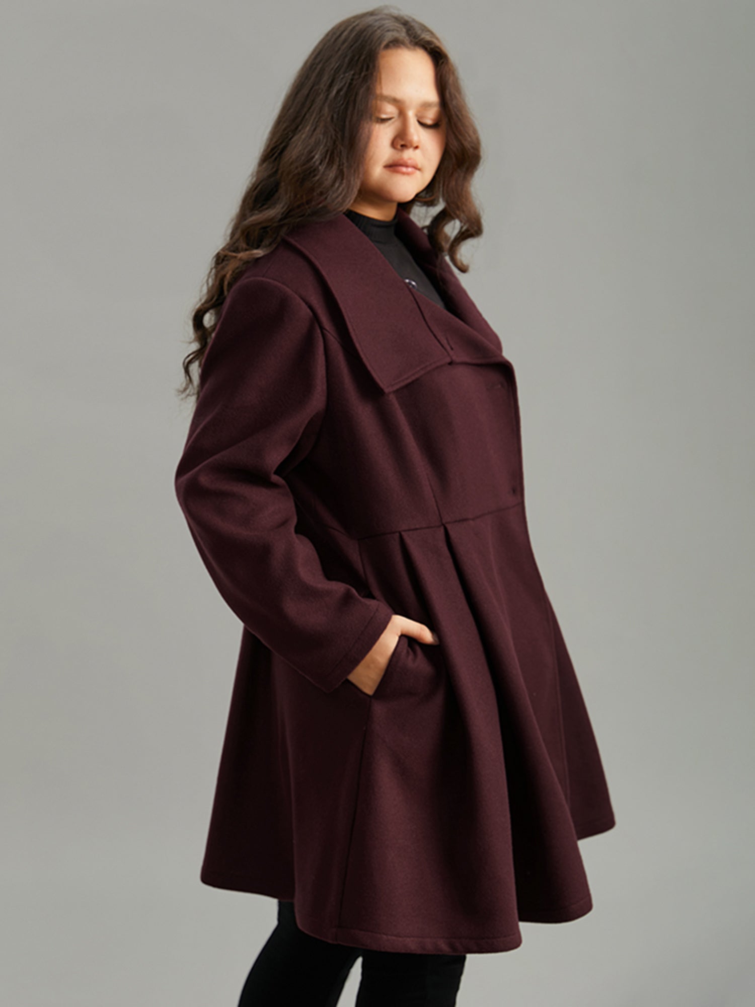 Plain Button Up Pocket Asymmetrical Lapel Collar Coat