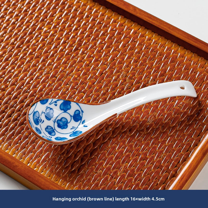 Small Soup Spoon Creative Blue And White Ceramic Spoon Household Thickened Curved Handle Anti-scalding Food Soup Spoon