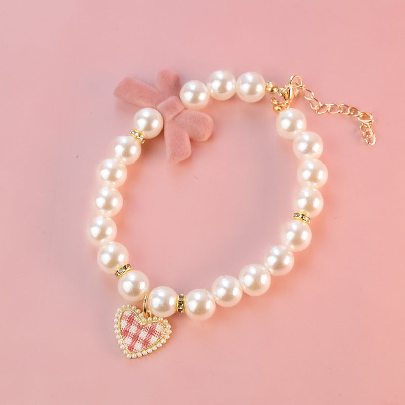 Vintage Plaid Heart Pearl Dog Cat Necklace
