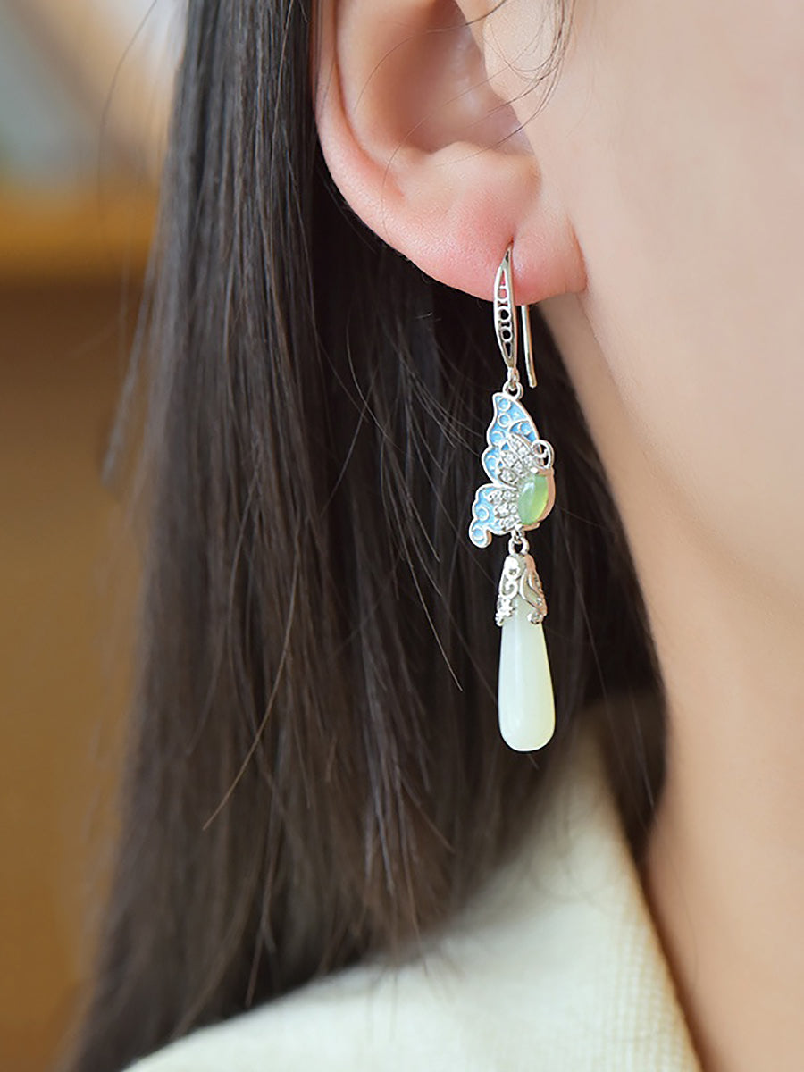Women Ethnic Jade Enamel Butterfly S925Silver Earrings
