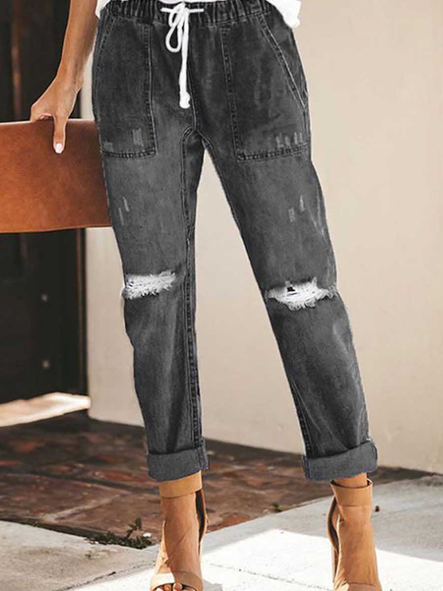 Drawstring elastic waist ripped denim pants casual pants