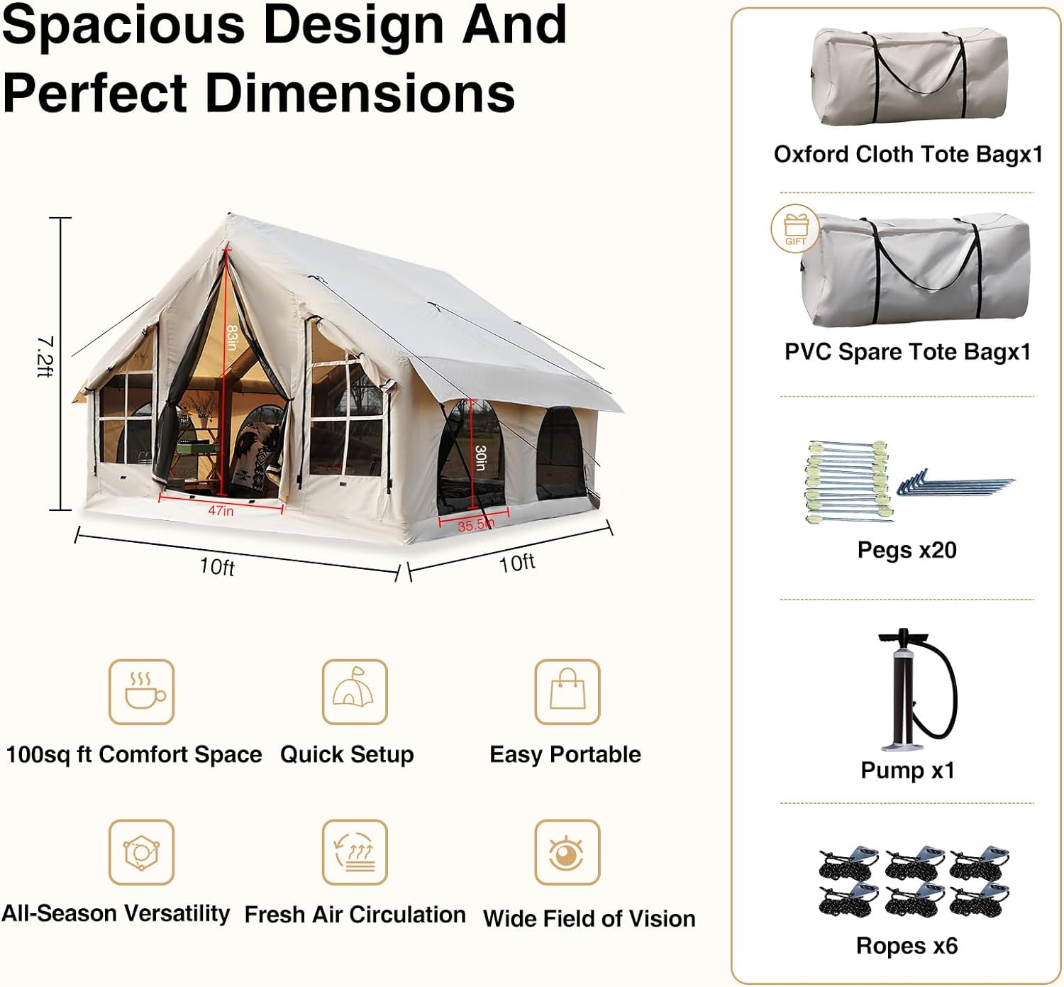 KNUO Inflatable Camping Tent Large Inflatable Air Tents, No Assembly Needed Luxury Glamping Tent, Waterproof Oxford