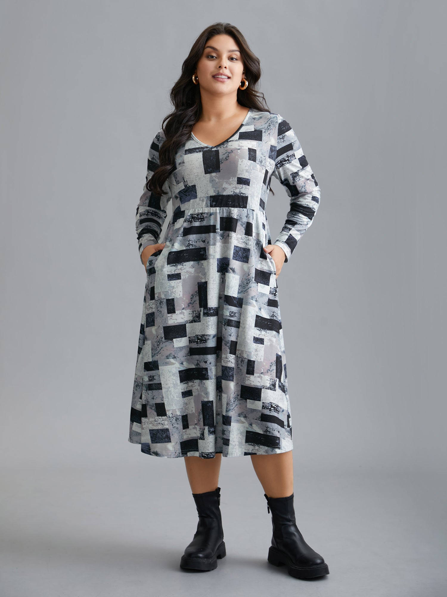 Colorblock Contrast V Neck Midi Dress