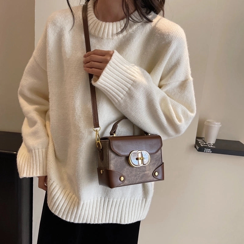 Women's Pu Leather Color Block Vintage Style Classic Style Streetwear Sewing Thread Metal Button Square Flip Cover Handbag Square Bag Box Bag