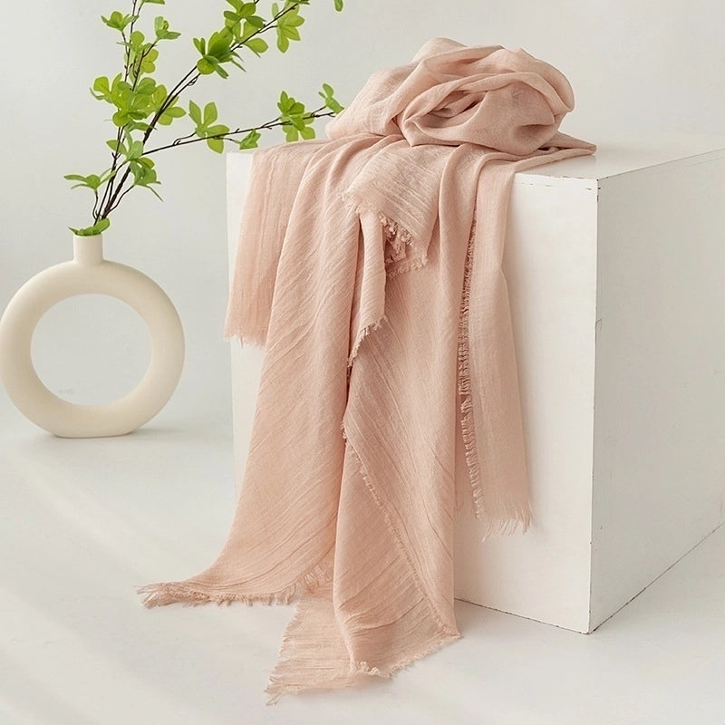 Gray Cotton And Linen Scarf Pure Color Japanese Beach Long Scarf Shawl Vintage Frayed Scarf