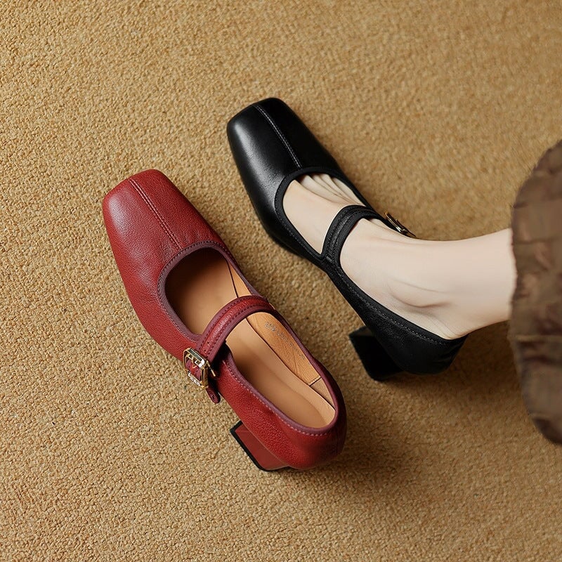 Vintage Sheepskin Square Toe 60mm Block Heel Mary Jane in Black/Wine Red