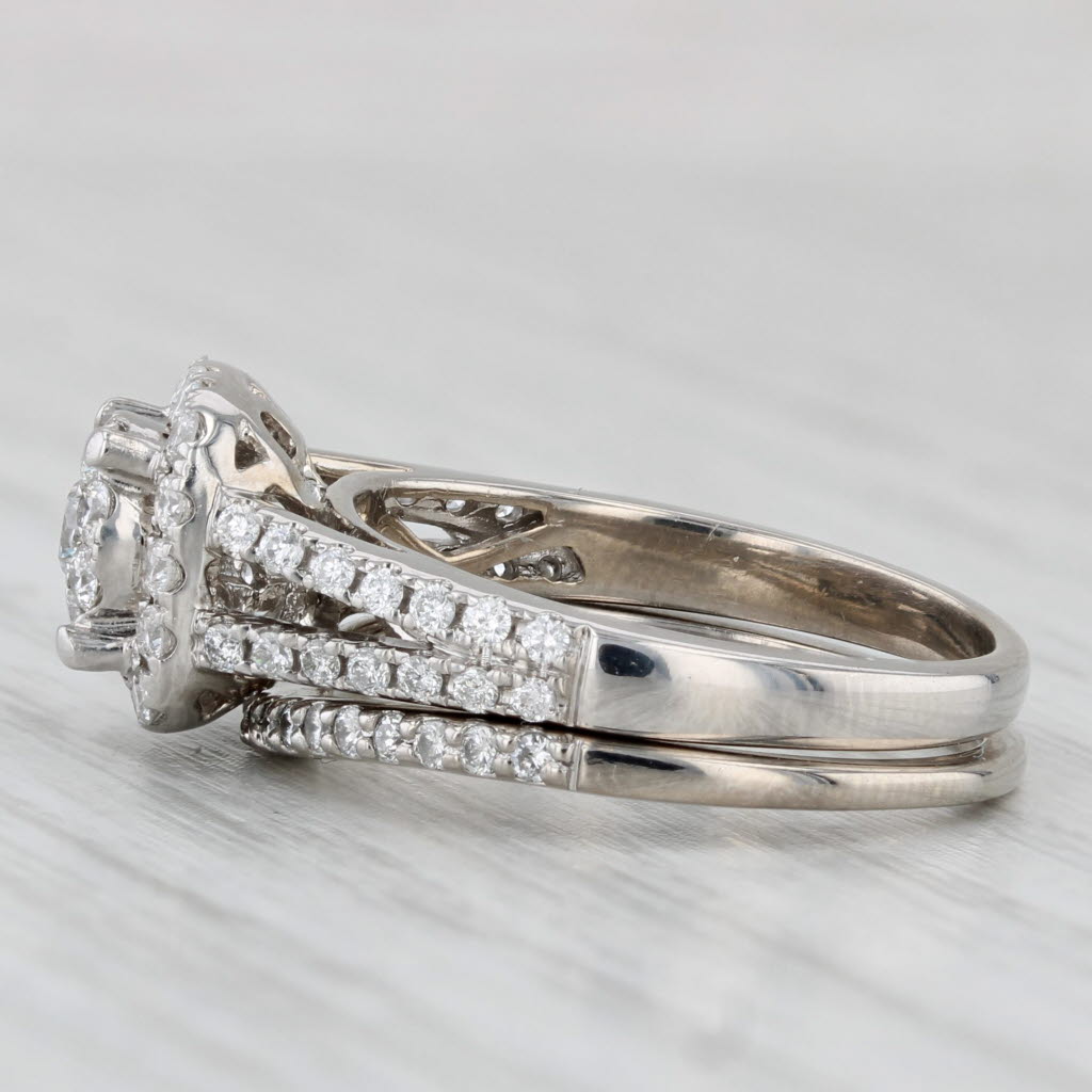 0.85ctw Diamond Halo Engagement Ring Wedding Band Bridal Set 14k White Gold Sz 6