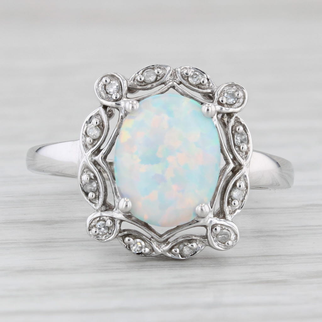 Lab Created Opal Diamond Halo Ring 10k White Gold Size 7.25 Oval Cabochon