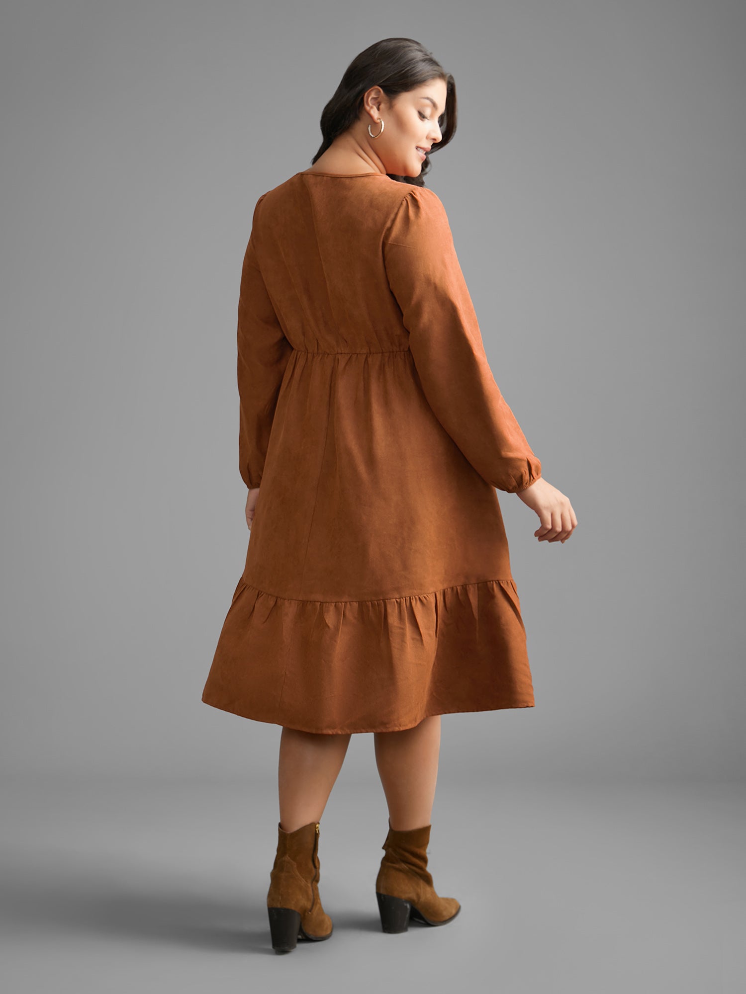 Faux Suede Lace Panel Lantern Sleeve Dress