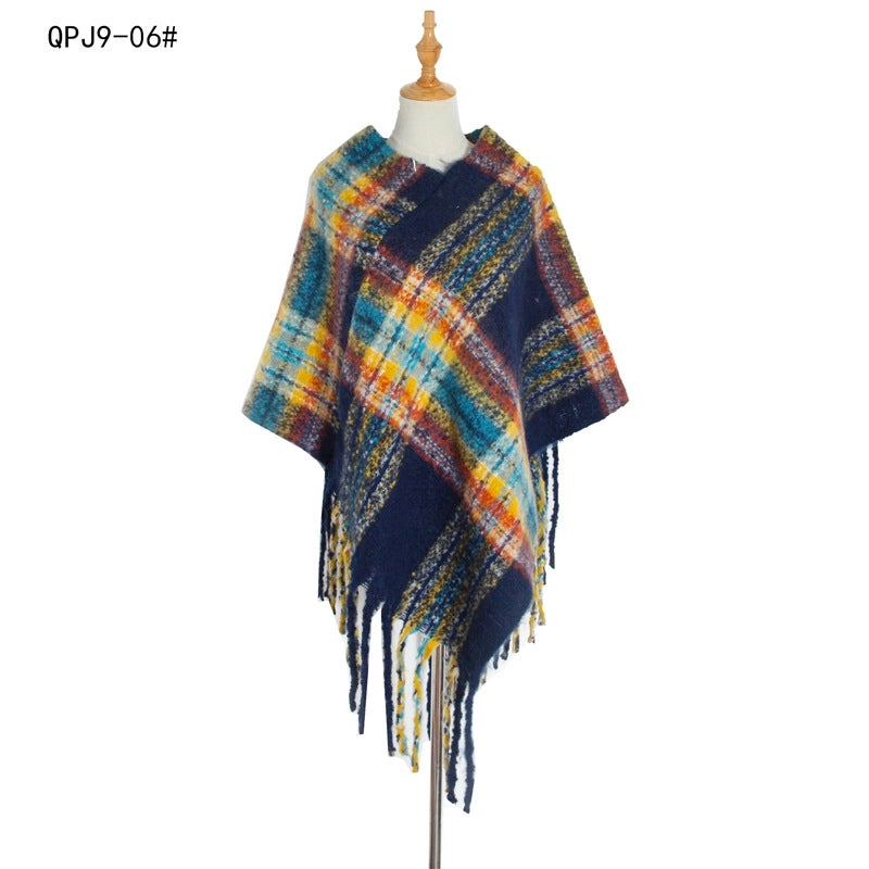 Hot Style New Autumn And Winter Women's Shawl Thick Tassel Loop Yarn Large Plaid Cloak