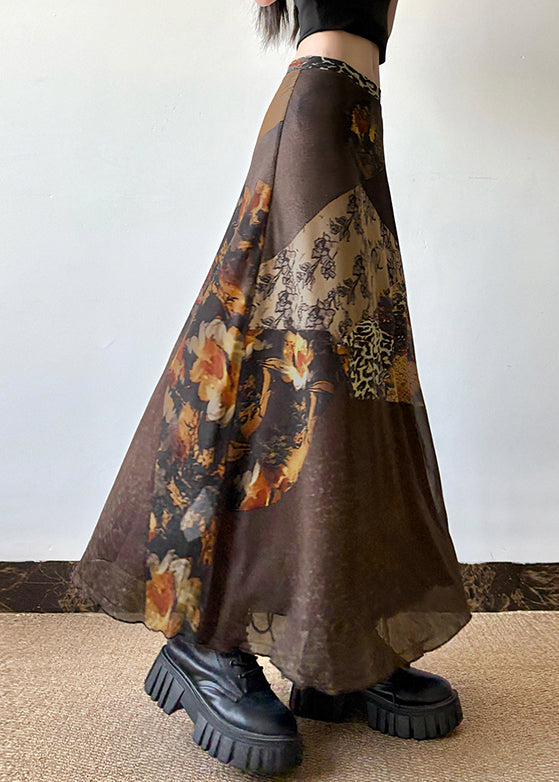 Retro Brown Print High Waist Patchwork Tulle Skirt Summer