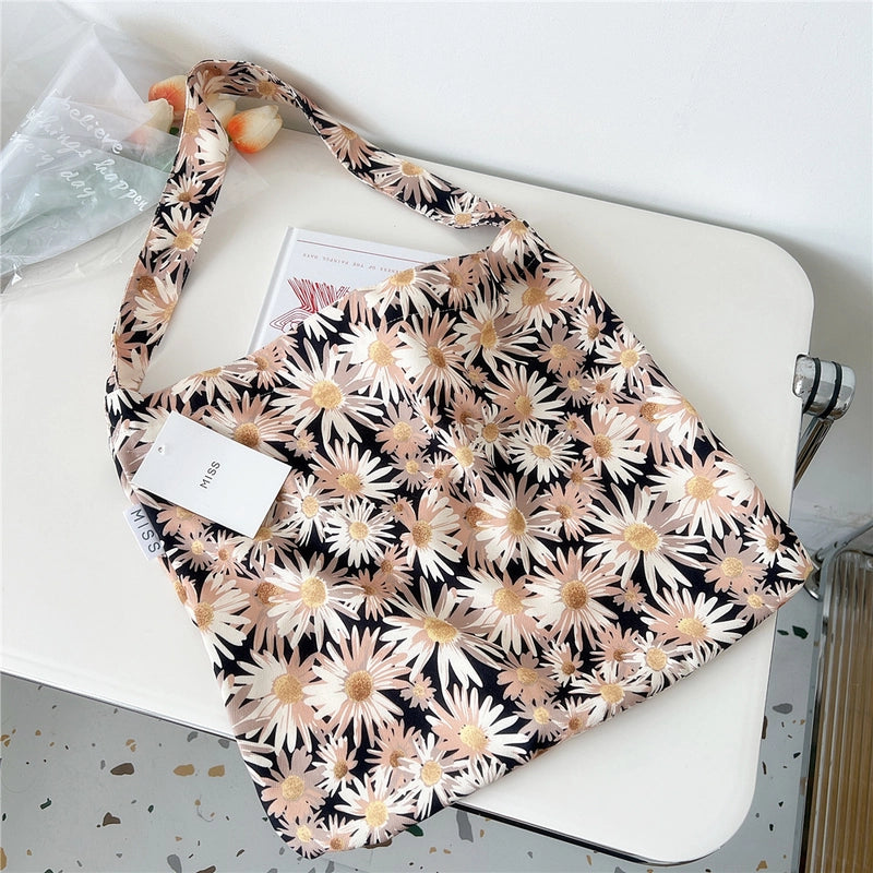 Women's Medium Canvas Flower Basic Classic Style Square Open Canvas Bag