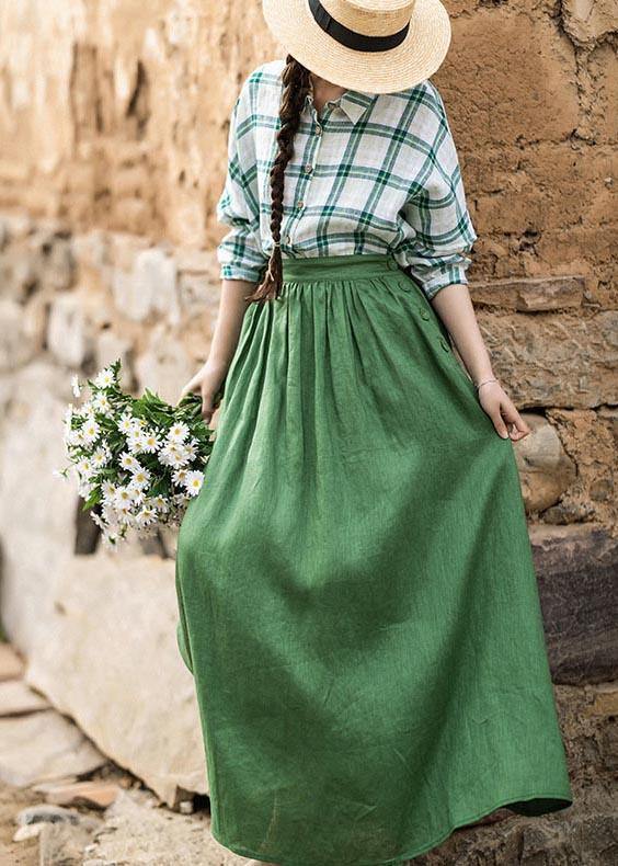 Fashion Green Elastic Waist A Line Skirts Summer Linen