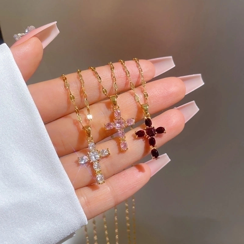 Stainless Steel 18K Gold Plated Minimalist Plating Inlay Cross Zircon
