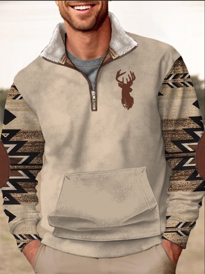 Men's Retro Western Style Elk Arctic Velvet Stand Collar Sweatshirt