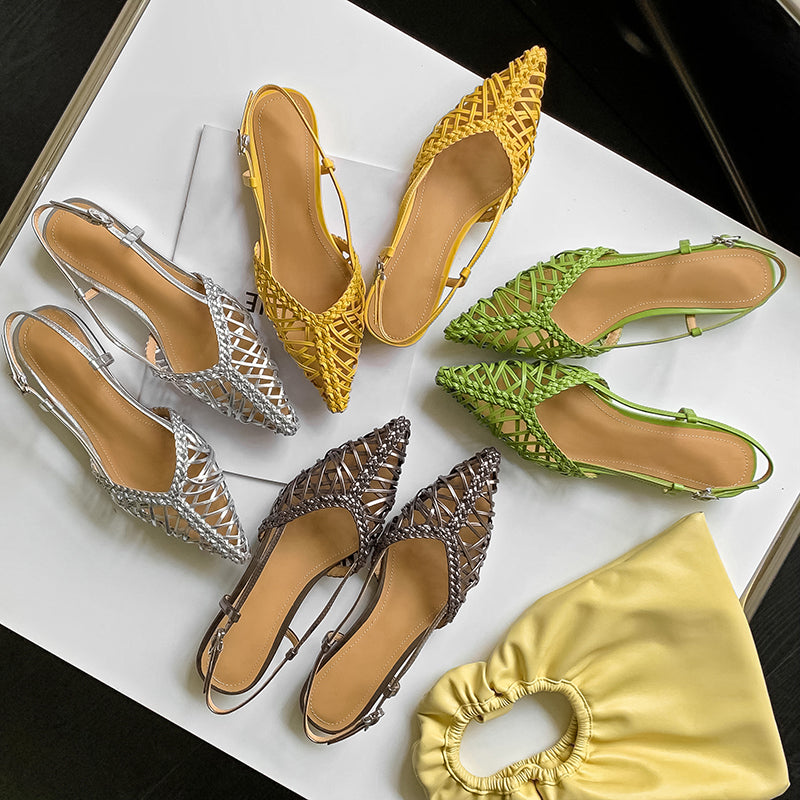 Women's Woven Pointed Toe Slingback Flat Sandals Breathable Summer Shoes in Green/Silver/Yellow/Gunmetal