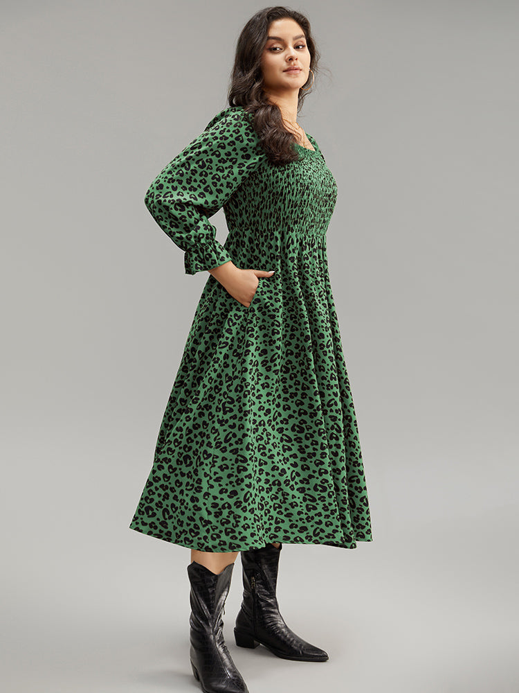 Leopard Print Shirred Square Neck Pocket Dress