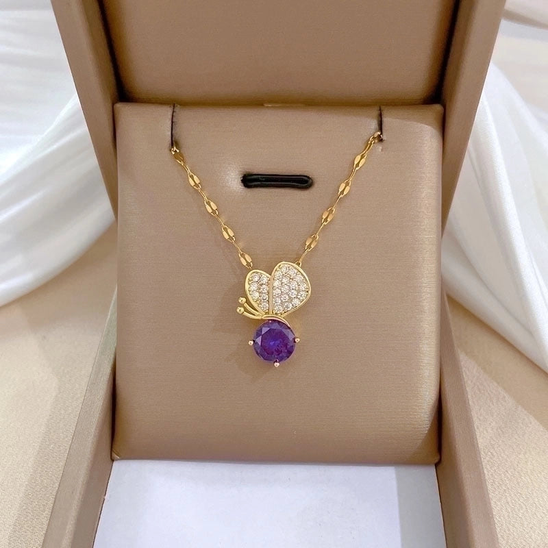 Minimalist Butterfly Titanium Steel Copper Plating Inlay Zircon Pendant Necklace