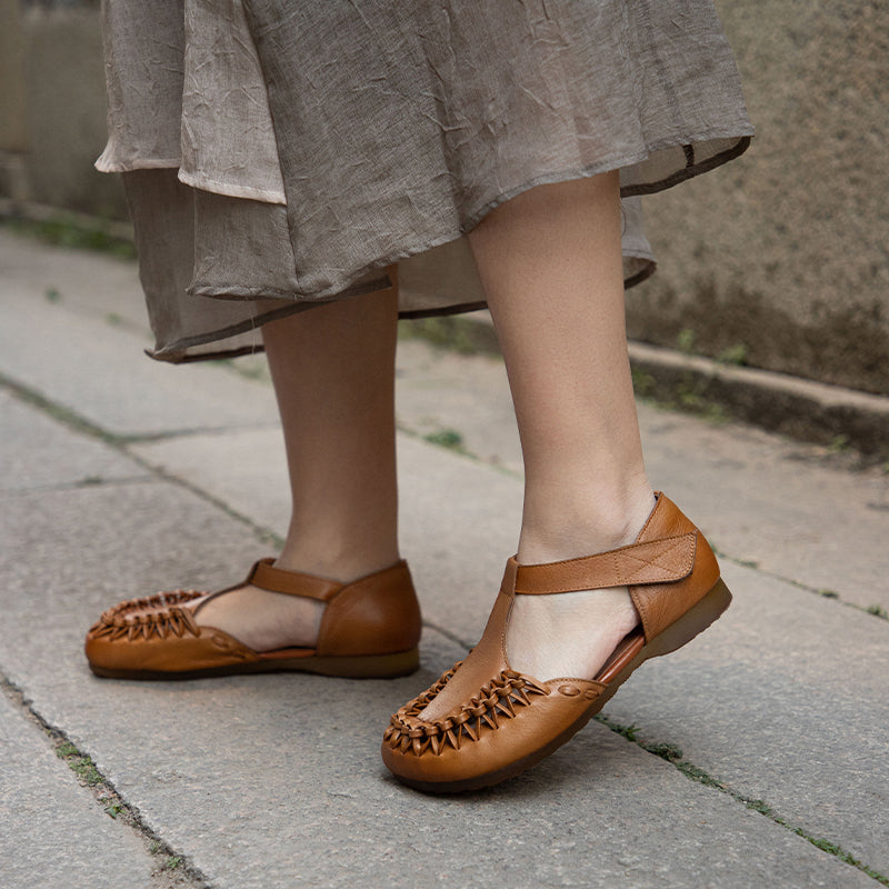 Handmade Roman Style Woven Leather Sandals  Flat T-Strap Closed Toe Shoes with Velcro in Camel/Coffee