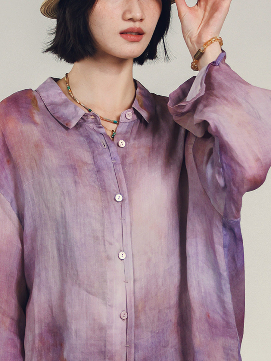 Women Summer Artsy Tie-dye Turn-down Collar 100%Ramie Shirt
