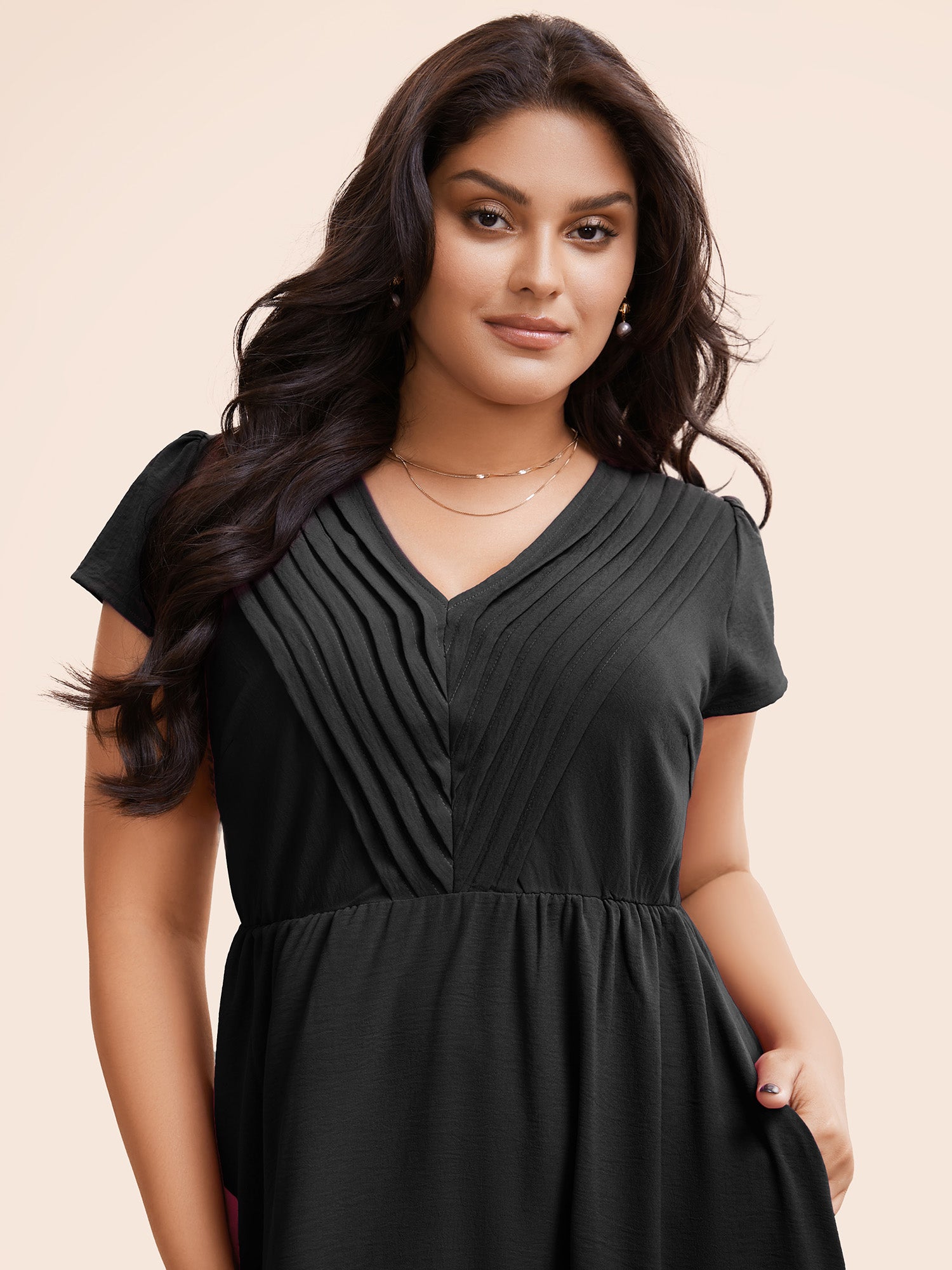 Solid Ruffle Trim V Neck Pocket Pleated Front Dress