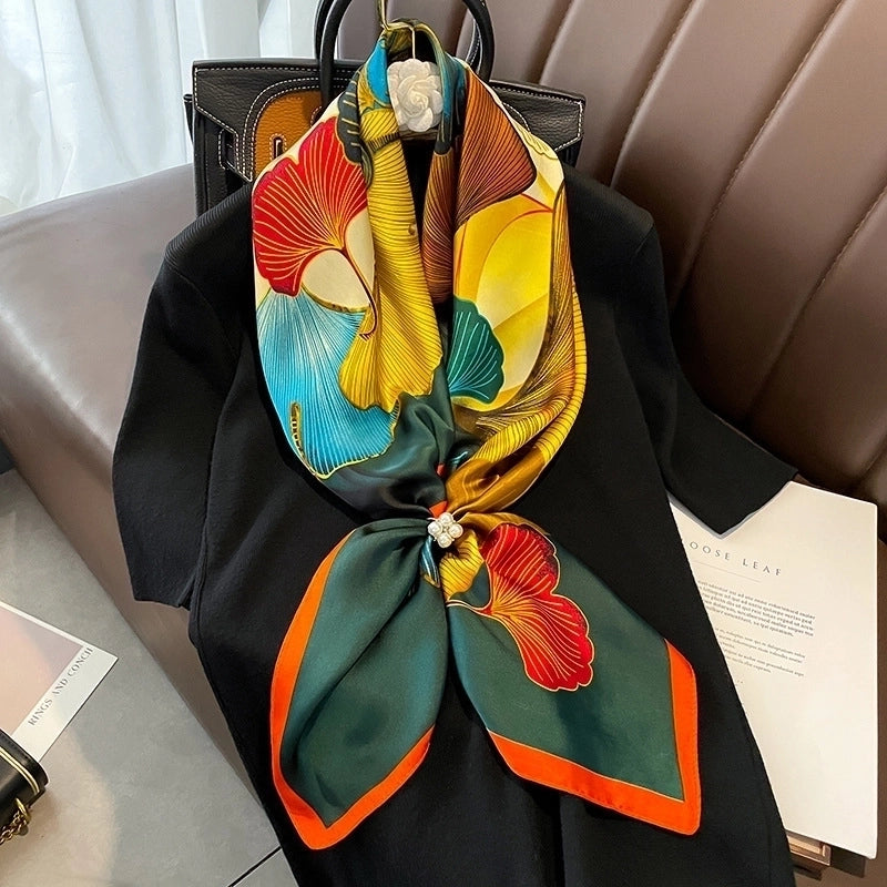 Fashion Light Luxury 90cm Simulation Silk Scarf Simple Striped Large Square Scarf