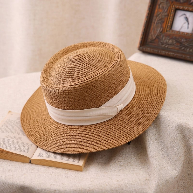 Big Head Straw Hat Women's Flat Top Hat Flat Brim Sunshade Hat Fashionable Women's Straw Sun Hat Showing Small Face