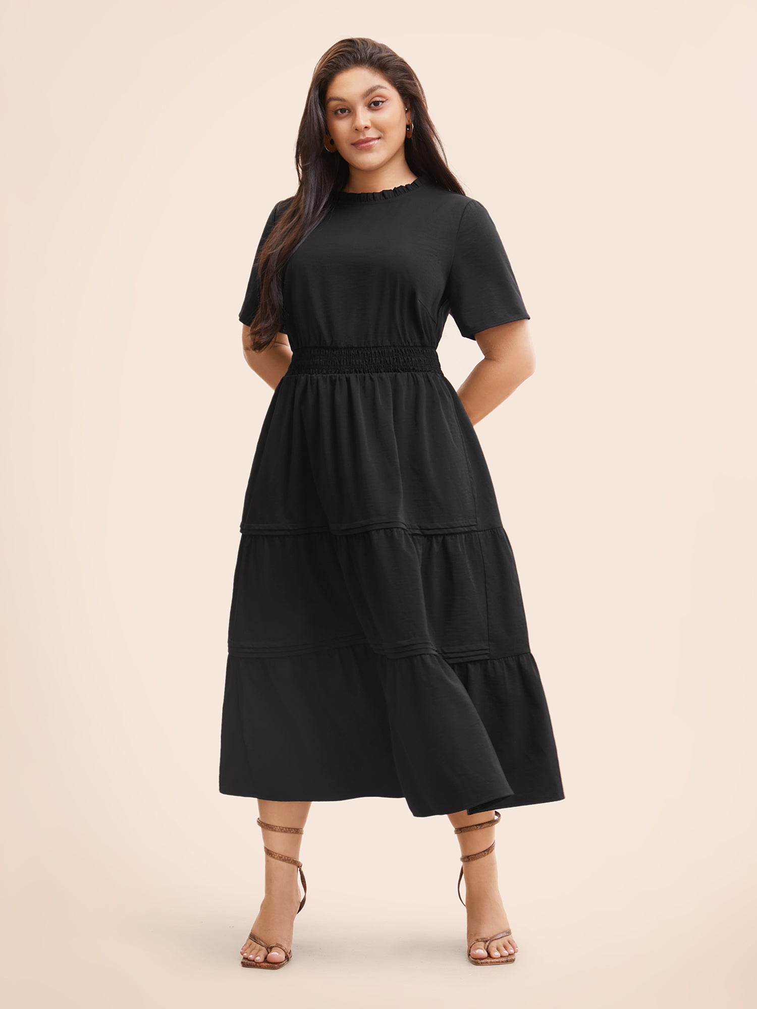 Plain Frill Trim Ruffle Layered Hem Dress