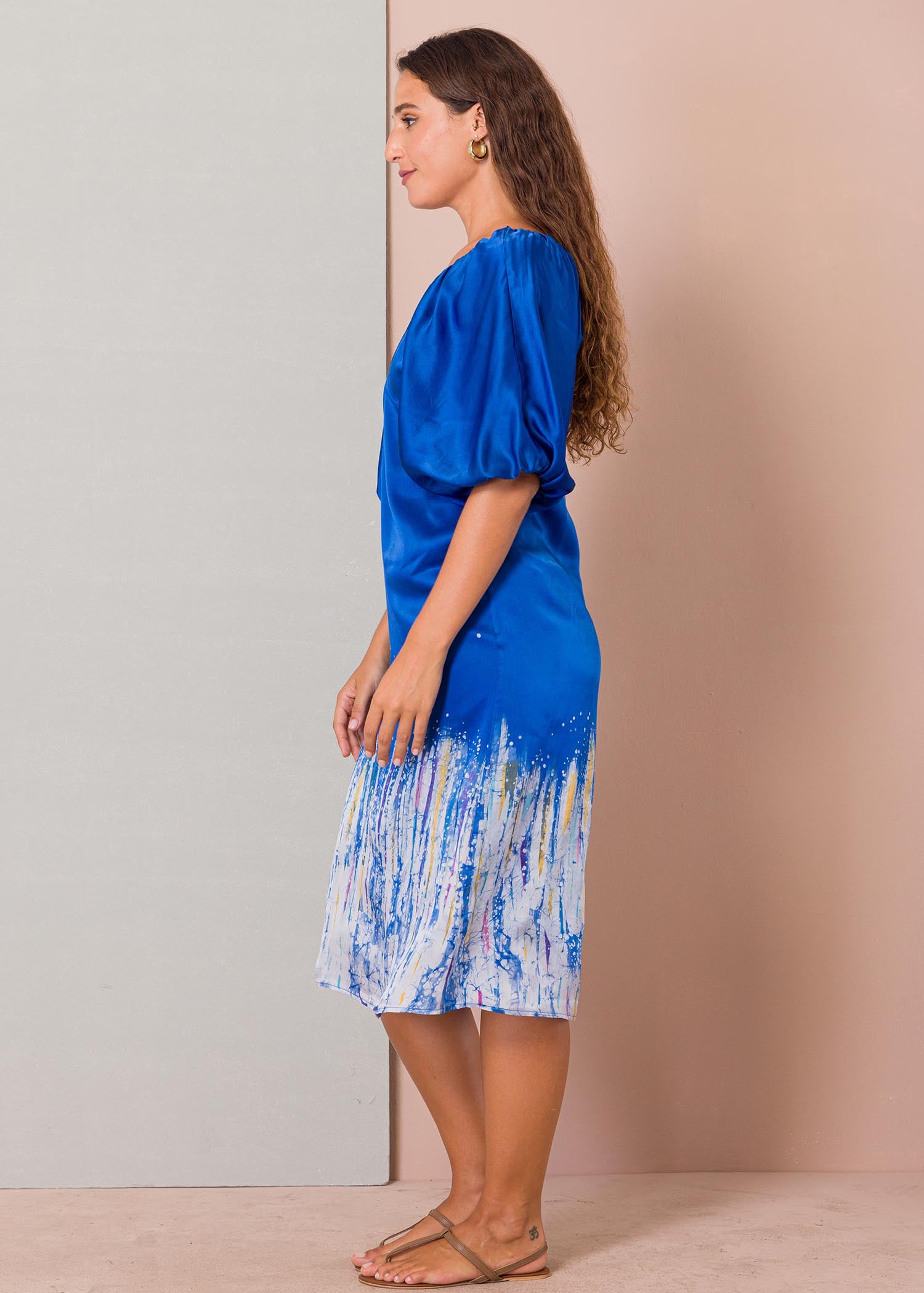 Batik puff raglan sleeve detailed dress