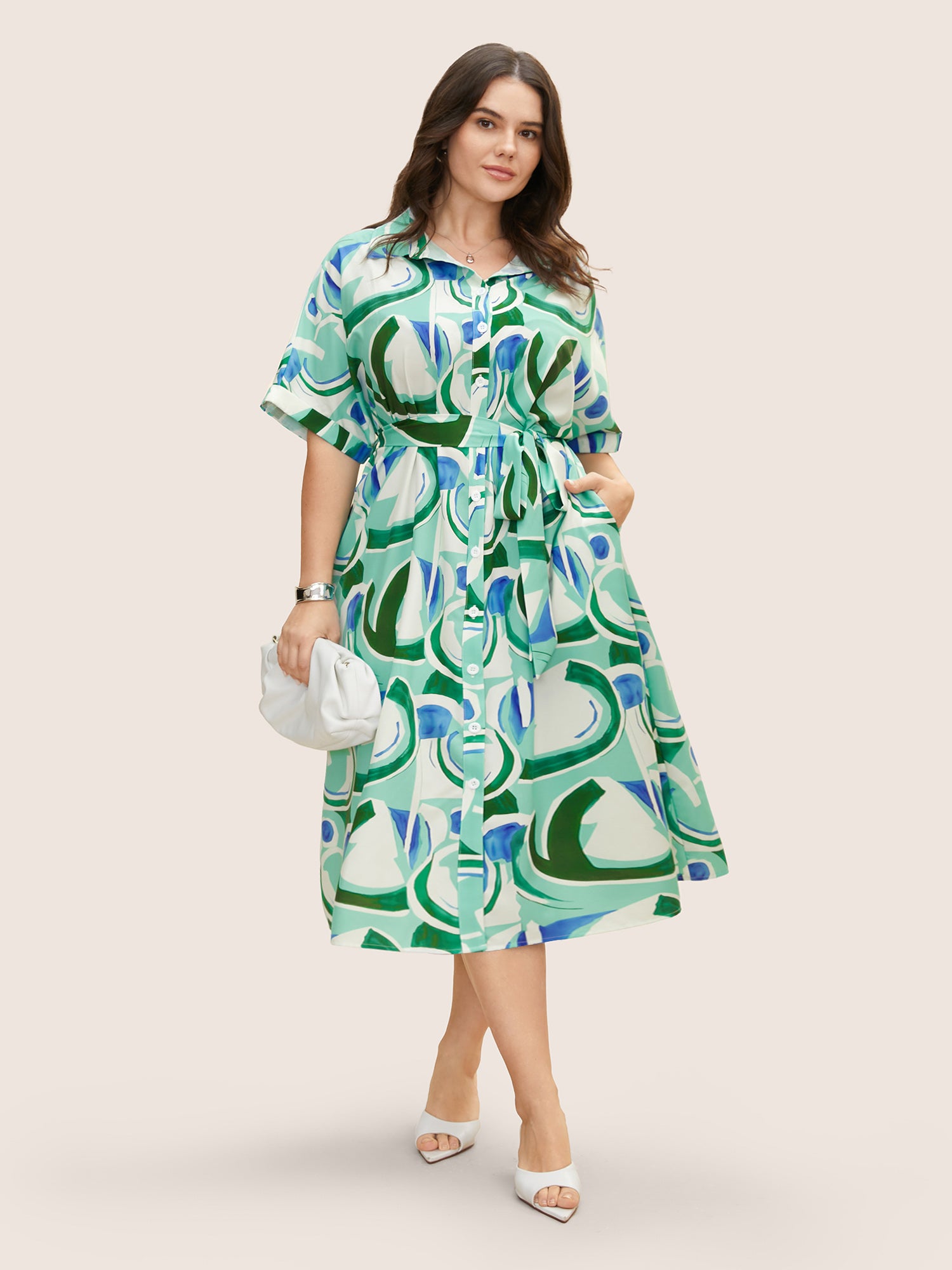 Geometric Elastic Waist Drop Shoulder Sleeve Midi Dress