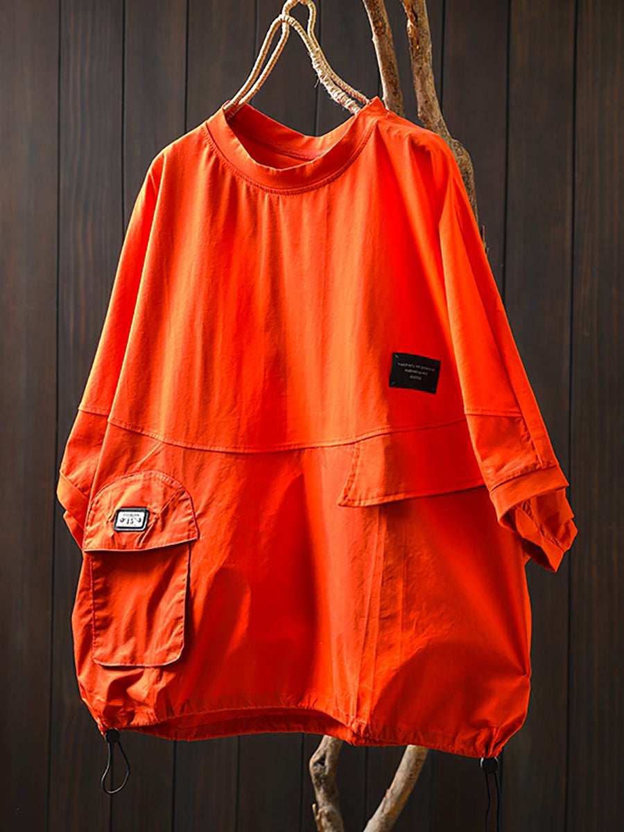 Women Summer Pocket Pure Color O-Neck Cotton Shirt