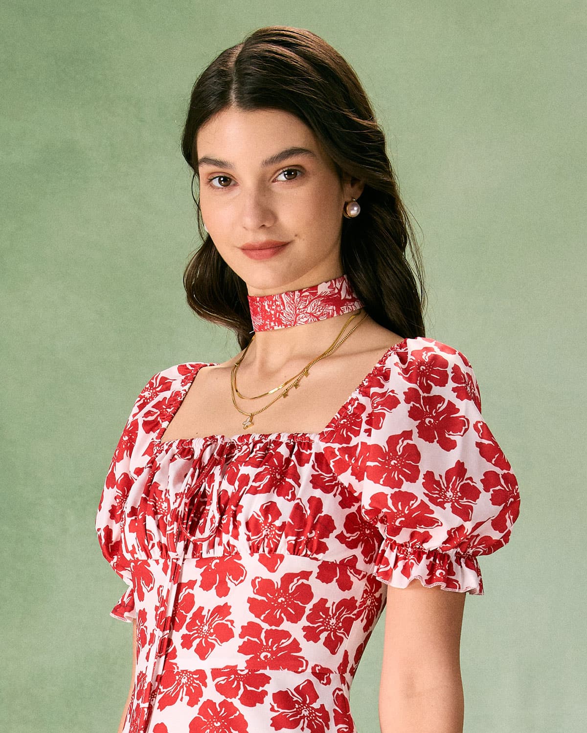 The Red Square Neck Floral Ruched Midi Dress