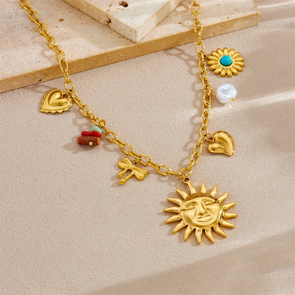 Fashion Holiday Advanced Multi-Element Marine Life Pendant Shell Starfish Sun Stainless Steel Necklace