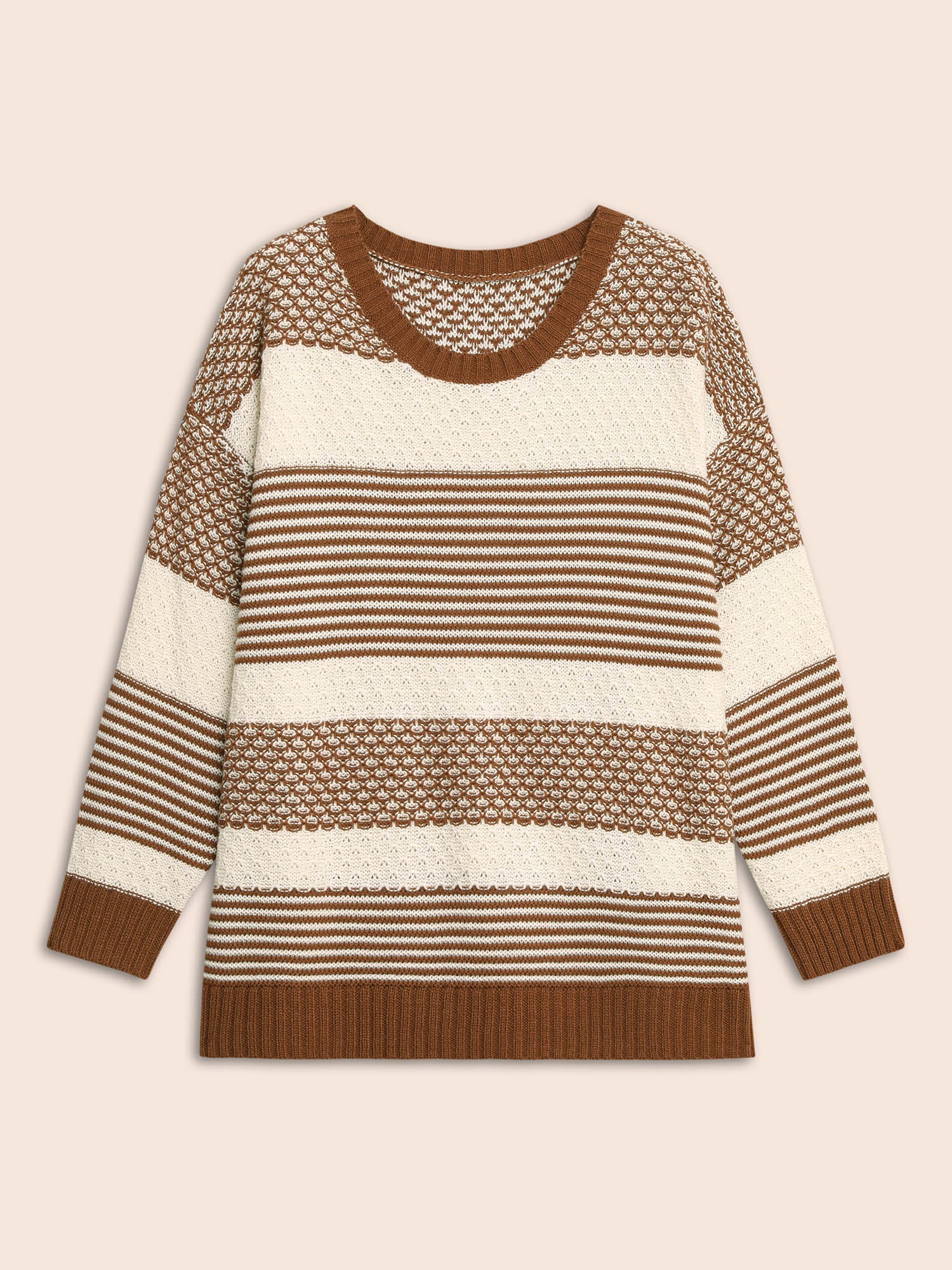 Round Neck Striped Patchwork Texture Pullover