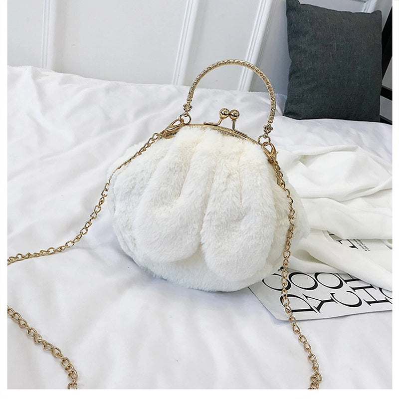 Women's Plush Rabbit Solid Color Cute Round Lock Clasp Handbag Crossbody Bag