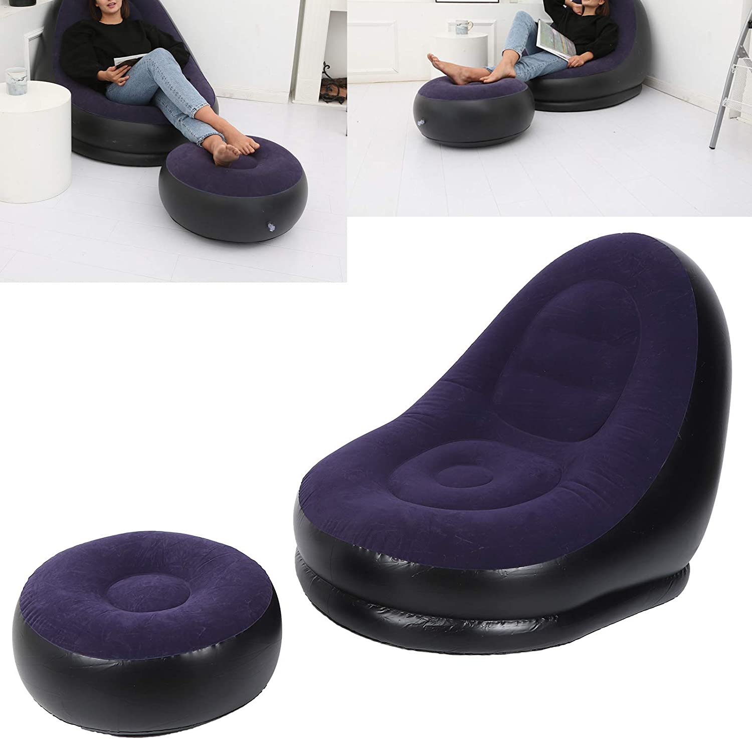 2-IN-1 Inflatable Lounge Sofa Bed Set. Portable Lazy Flocking with Footstool