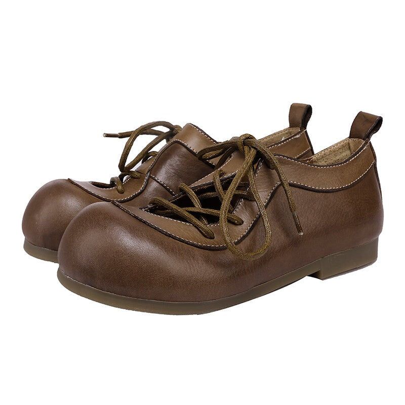 Vintage Big Toe Washed Cowhide Lace-Up Mary Jane Flats Shoes in Camel/Khaki