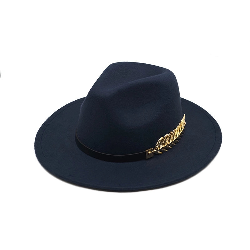 Style Fish Bone Gold Leaf Wool Gentleman Hat Large Brim Felt Hat Jazz Big Maple Leaf Imitation Wool Hat
