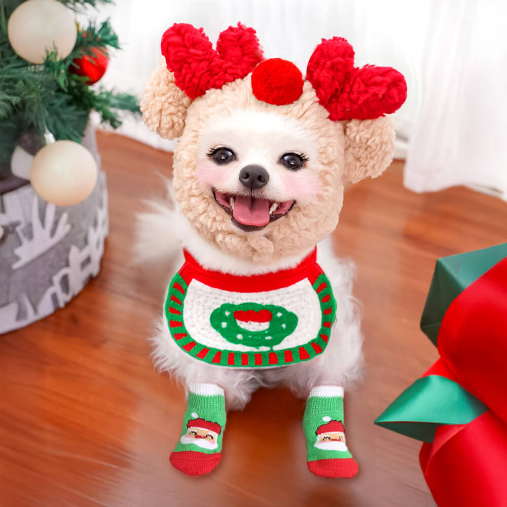 Christmas Reindeer Outfit Bib Hat Sock Shoes Accessories Set