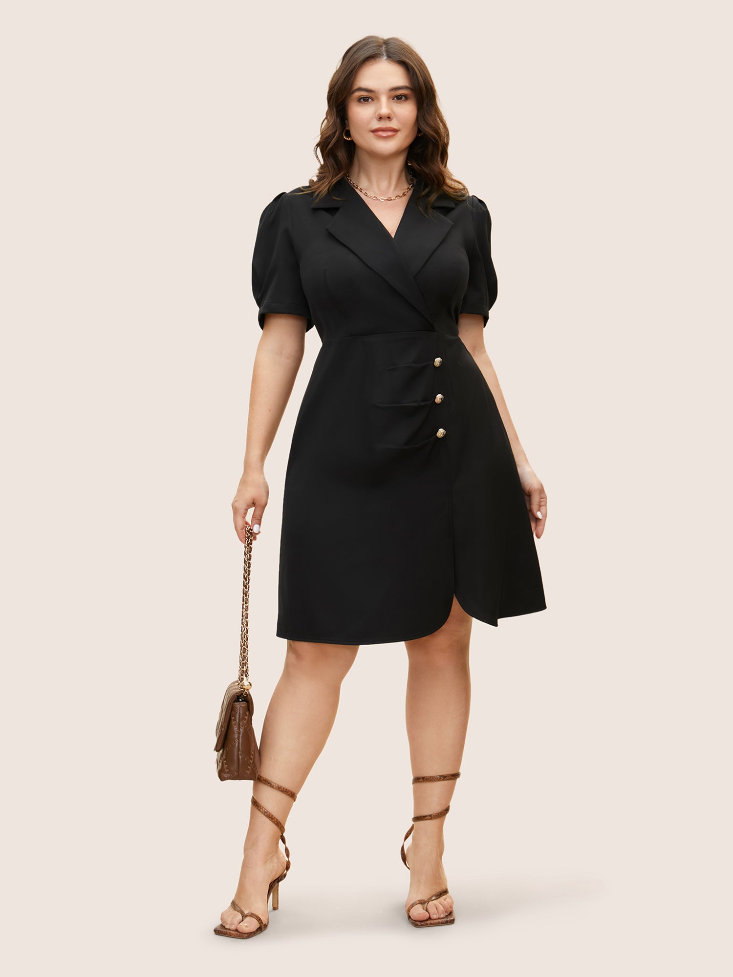 Suit Collar Metal Detail Lantern Sleeve Dress