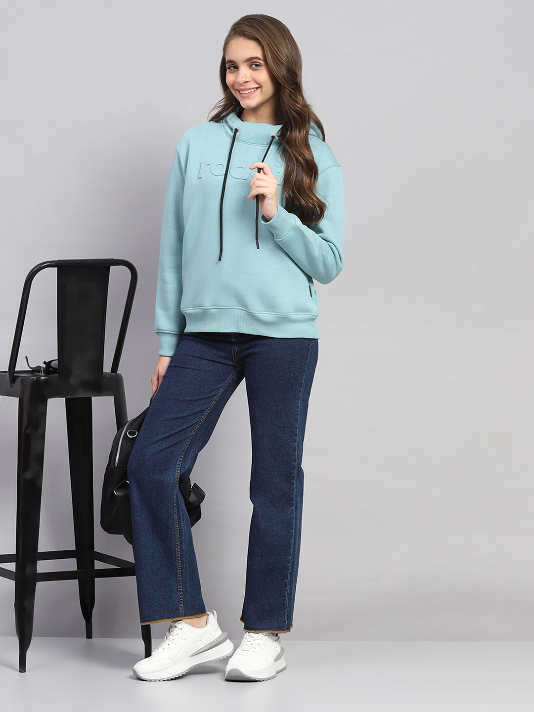 Women Blue Solid Hooded Full Sleeve Sweatshirt