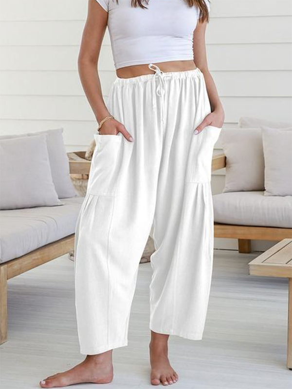 Column Loose Elasticity Pockets Solid Color Casual Pants Bottoms Trousers