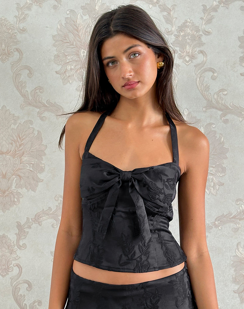 Kampi Halter Top in Satin Jacquard Black