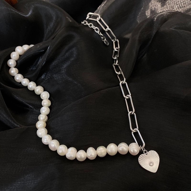 Fashion Cross Heart Shape Titanium Steel Pearl Chain Necklace 1 Piece