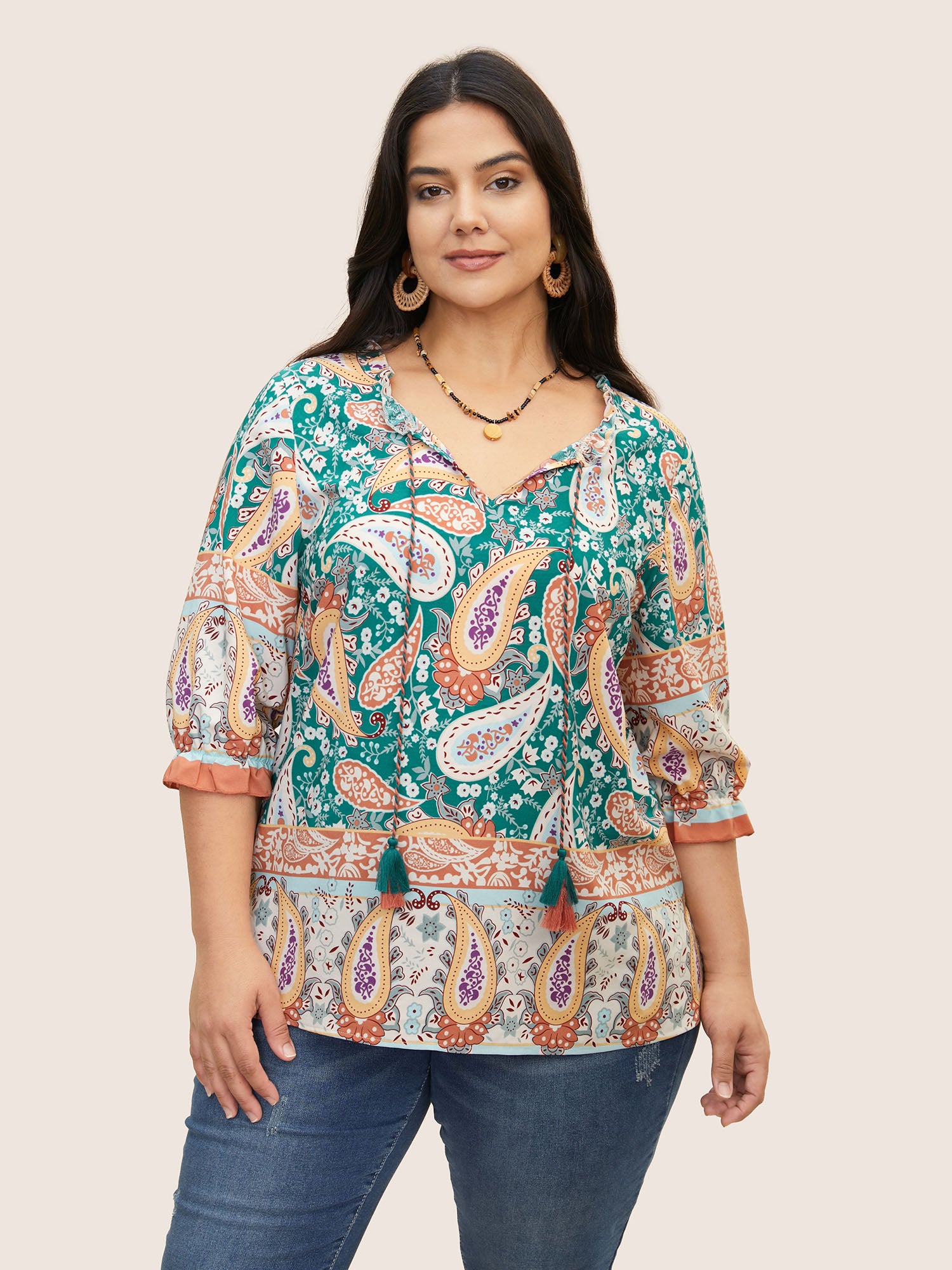 Boho Print Tassels Lantern Sleeve Blouse