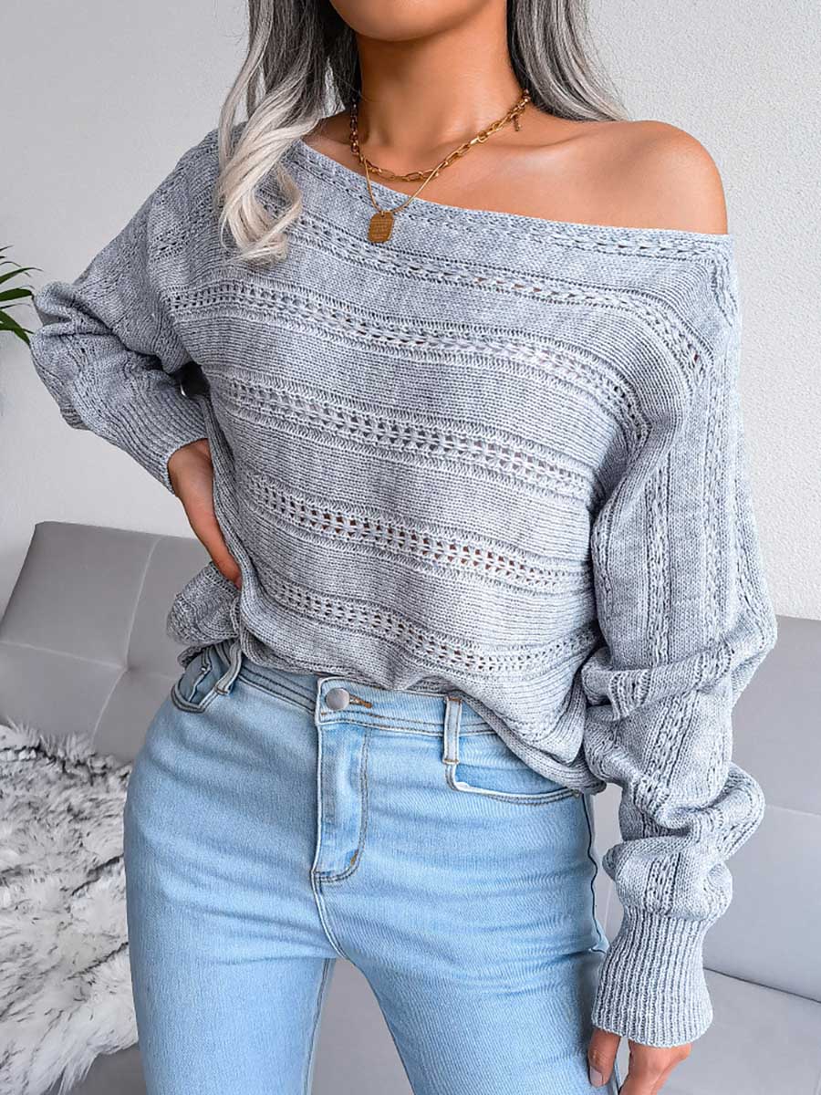 Casual Pierced Patchwork Off the Shoulder Sweater(3 Colors)