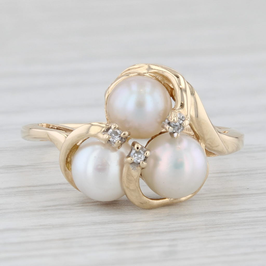 Cultured Pearl 3-Stone Diamond Ring 10k Yellow Gold Size 7.5