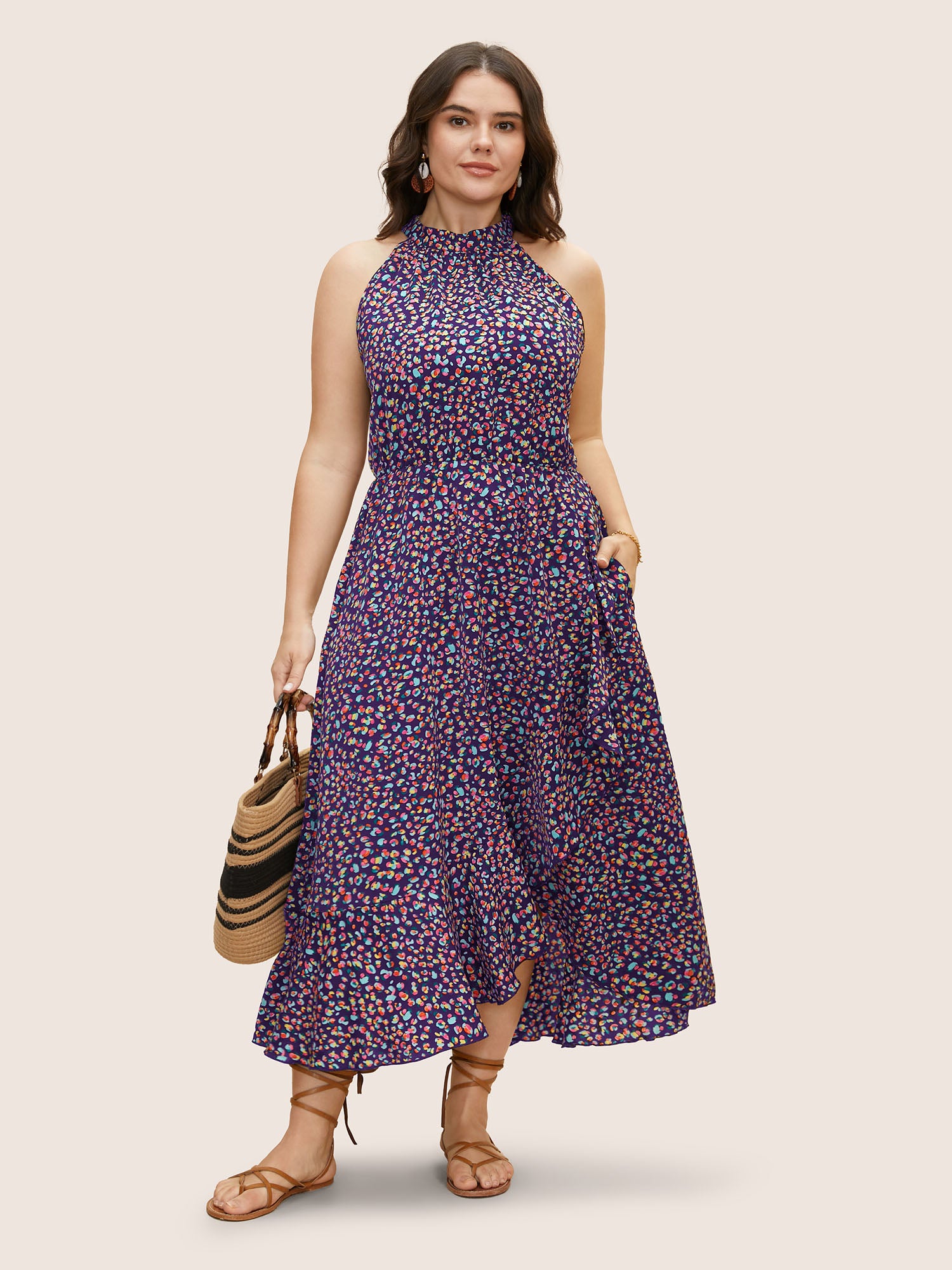 Allover Print Halter Neck Wrap Hem Dress